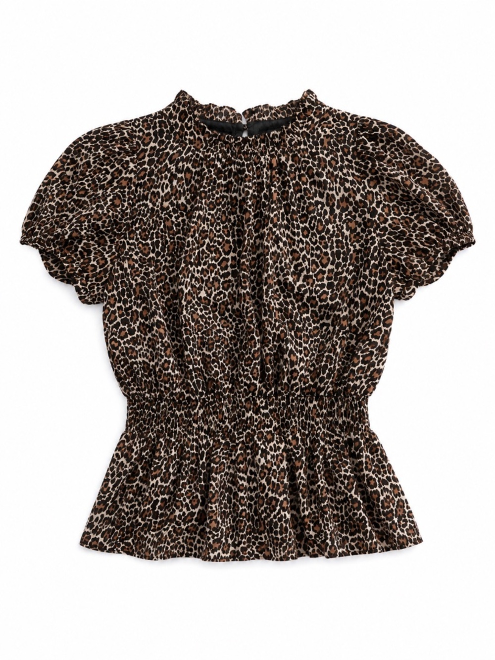 J.Crew Leopard Print Ruffle Neck Peplum Blouse Puff Sleeve Medium 6 8
